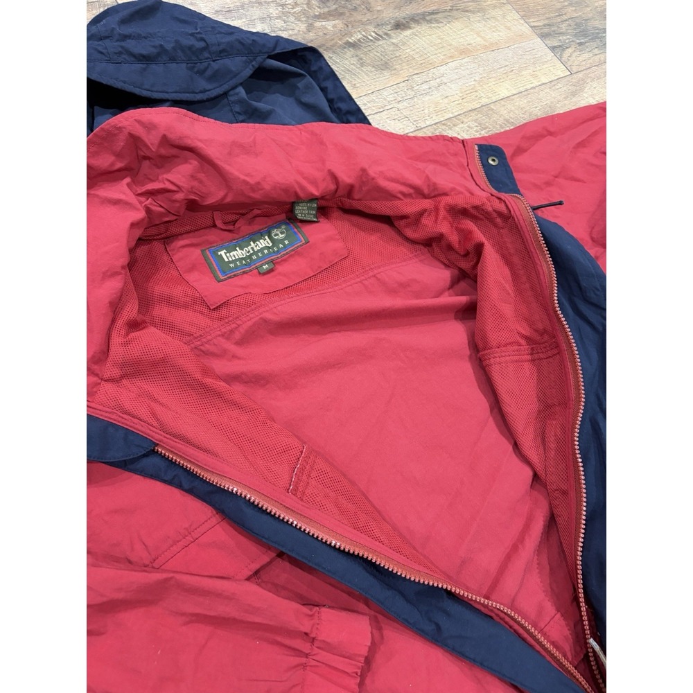 Vintage 90s Timberland Windbreaker Jacket Leather Trim Red Large Hooded - Picture 7 of 9